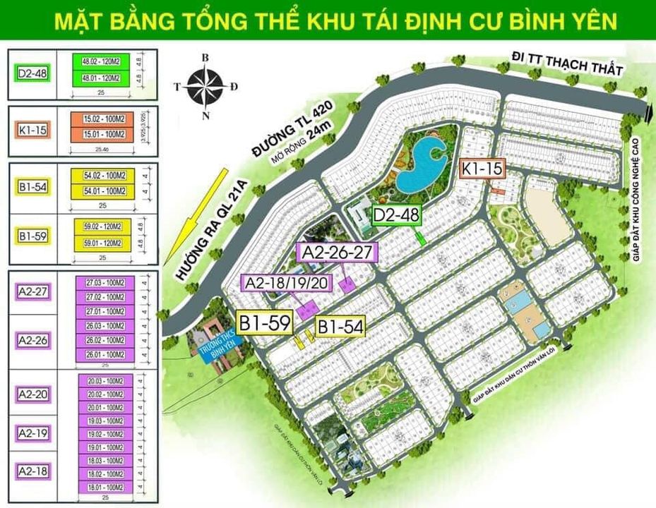 Mặt bằng tổng thể khu tái định cư binh yên thạch thất
